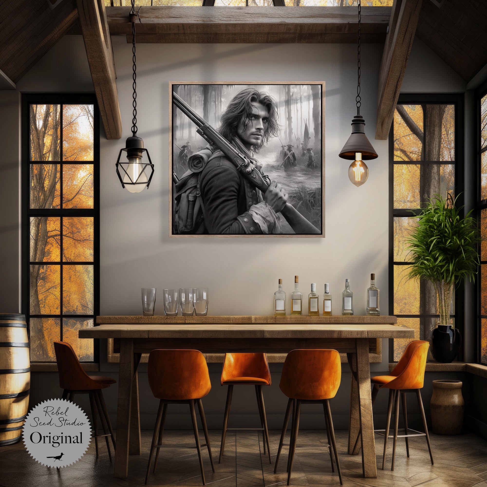 Swamp Fox: Revolutionary War Patriot - Black & White American Independence Soldier (Ready-to-Hang Canvas or Ready-to-Frame Fine Art Poster Print)