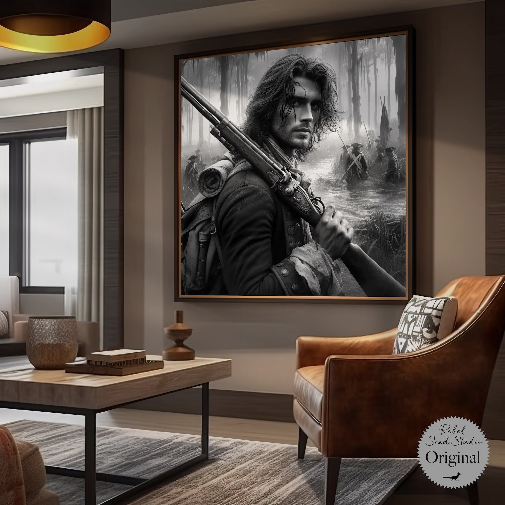 Swamp Fox: Revolutionary War Patriot - Black & White American Independence Soldier (Ready-to-Hang Canvas or Ready-to-Frame Fine Art Poster Print)