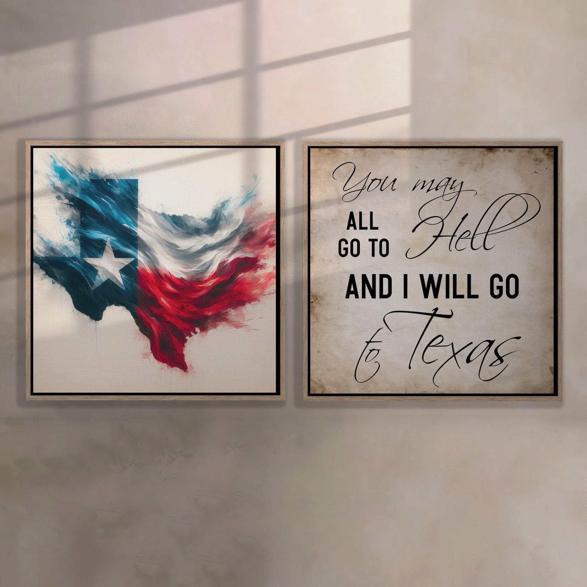 Texas Lone Star State Flag & Davy Crockett Quote Bundle: You May All To Hell And I Will Go To Texas (Ready-to-Hang Canvas or Ready-to-Frame Fine Art Poster Print Set)