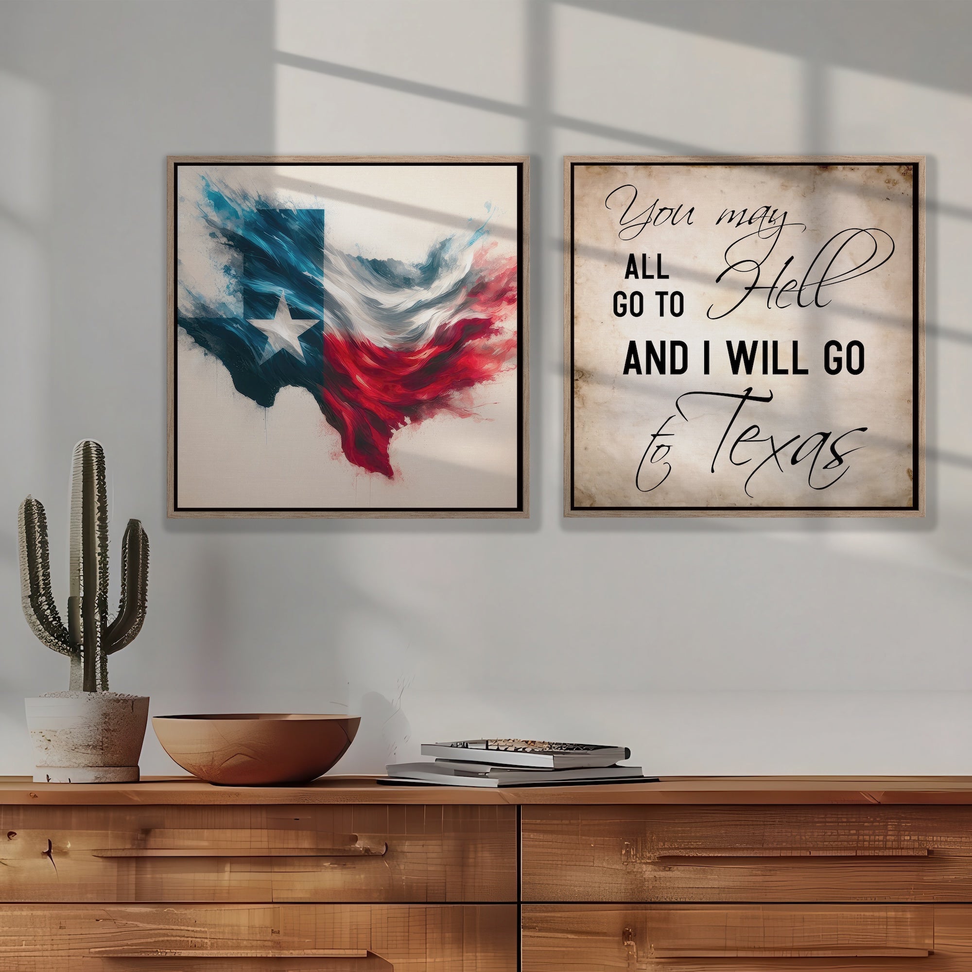 Texas Lone Star State Flag & Davy Crockett Quote Bundle: You May All To Hell And I Will Go To Texas (Ready-to-Hang Canvas or Ready-to-Frame Fine Art Poster Print Set)