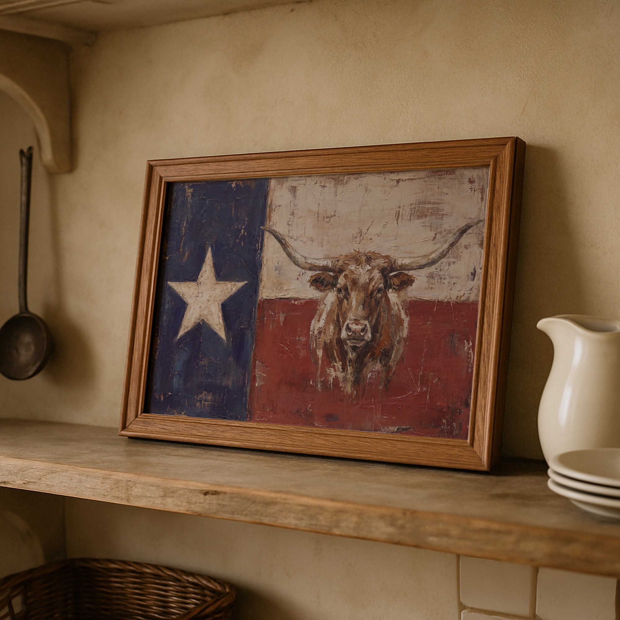 Texas Flag with Longhorn: Old West Vintage Lone Star State Art Print