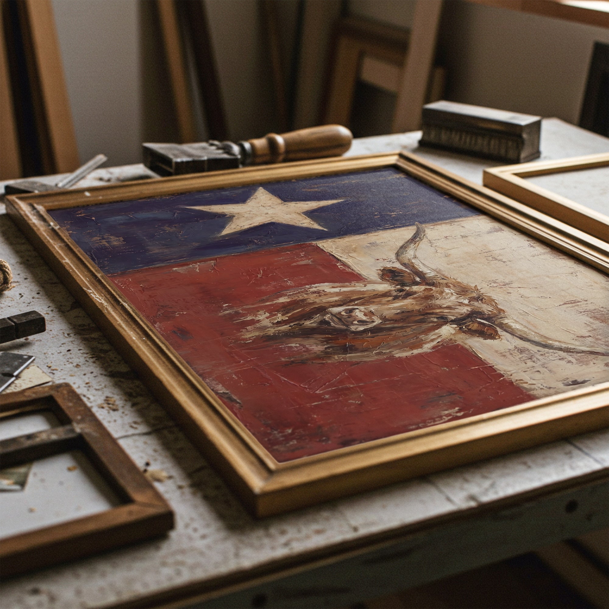 Texas Flag with Longhorn: Old West Vintage Lone Star State Art Print