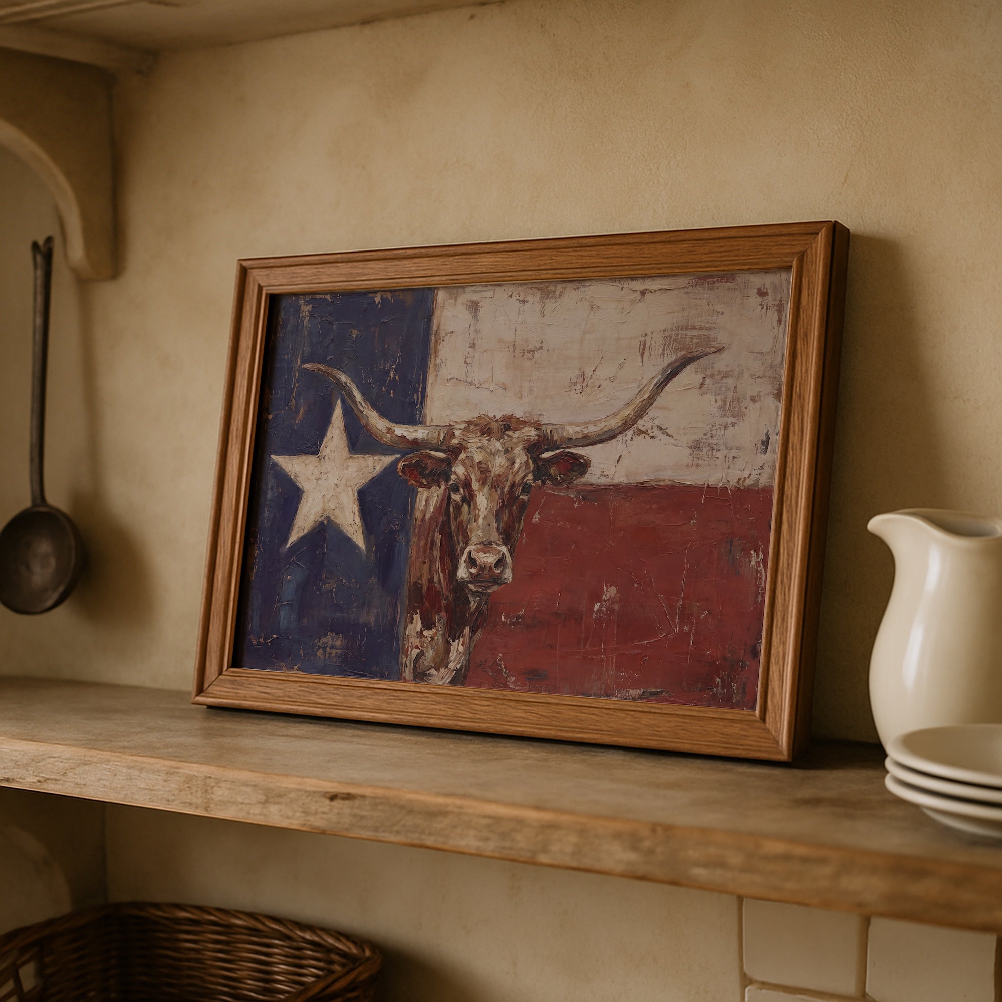 Texas Flag with Longhorn: Vintage Old West Lone Star State Art Print