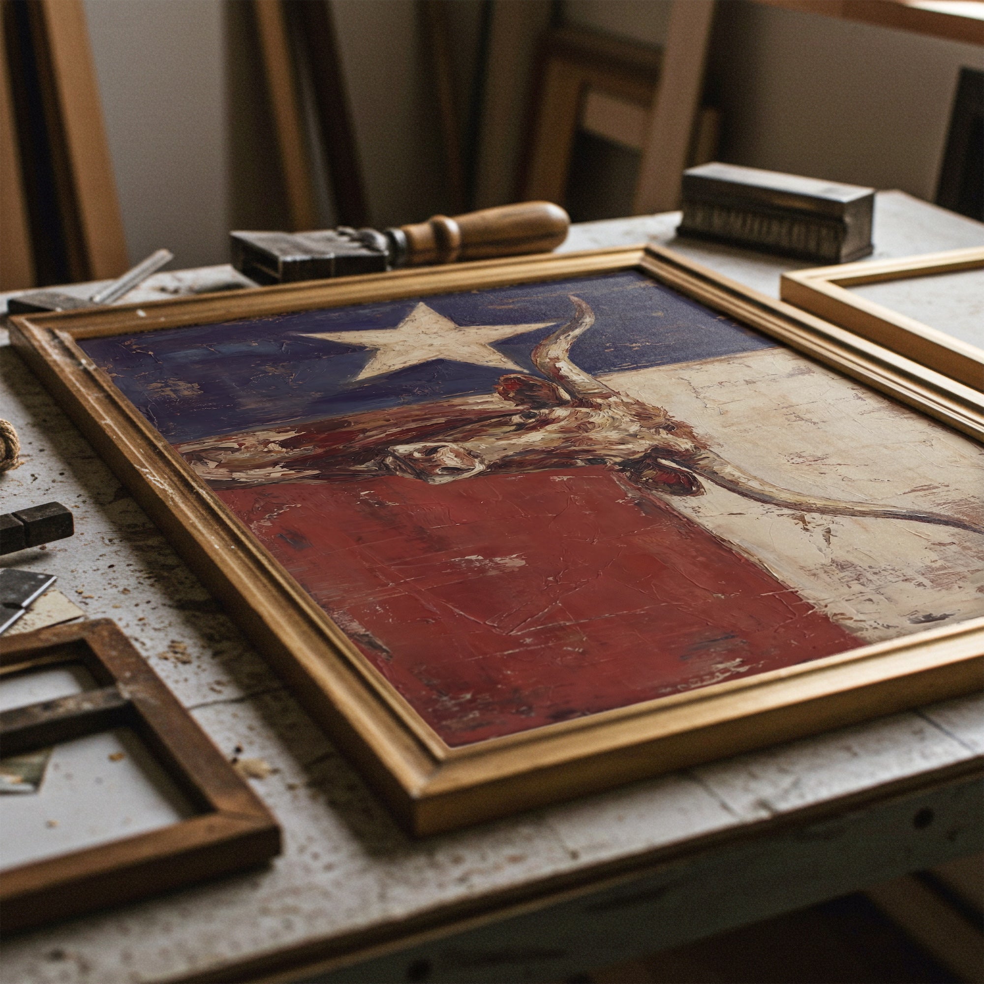 Texas Flag with Longhorn: Vintage Old West Lone Star State Art Print
