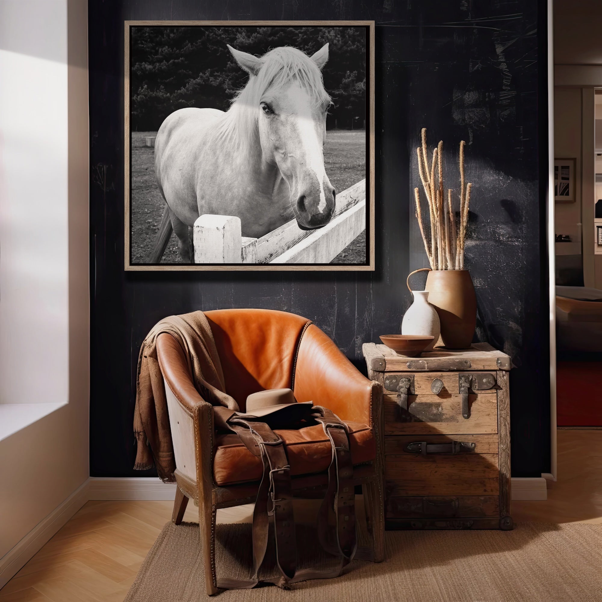 Timid Palomino Horse: Western Black & White Photograph (Ready-to-Hang Canvas or Ready-to-Frame Fine Art Poster Print)