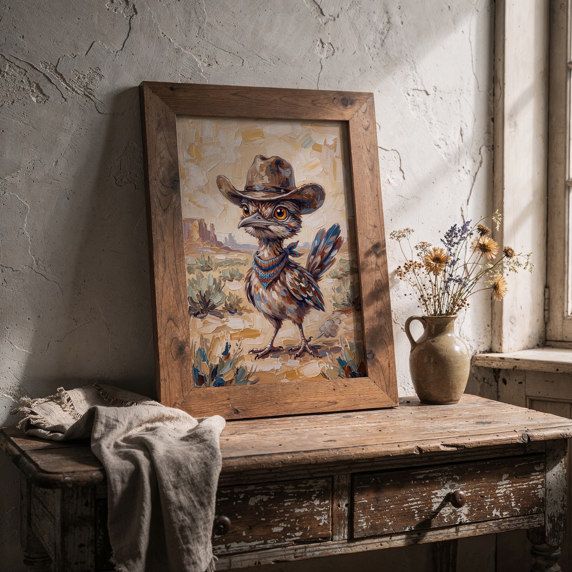 Baby Roadrunner in Old West Cowboy Hat: Whimsical Western Desert Art Print