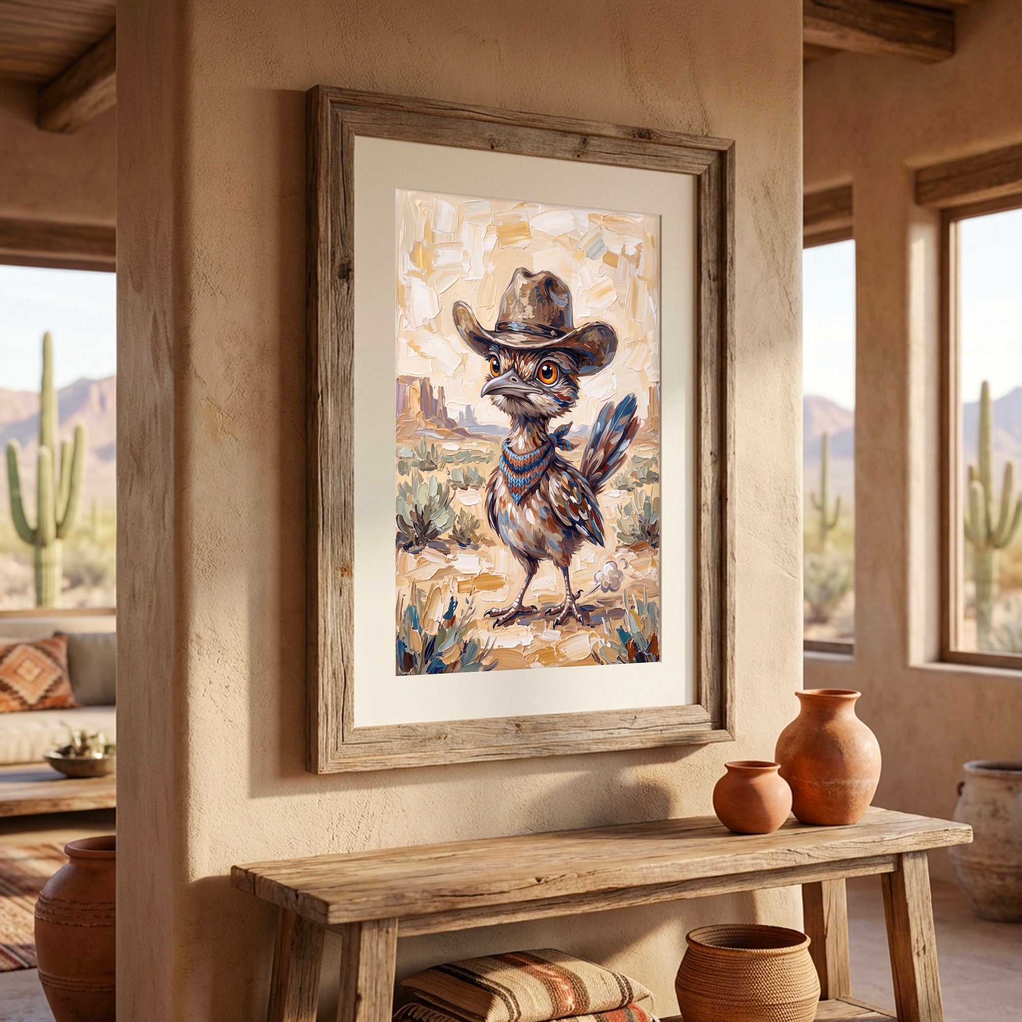 Baby Roadrunner in Old West Cowboy Hat: Whimsical Western Desert Art Print