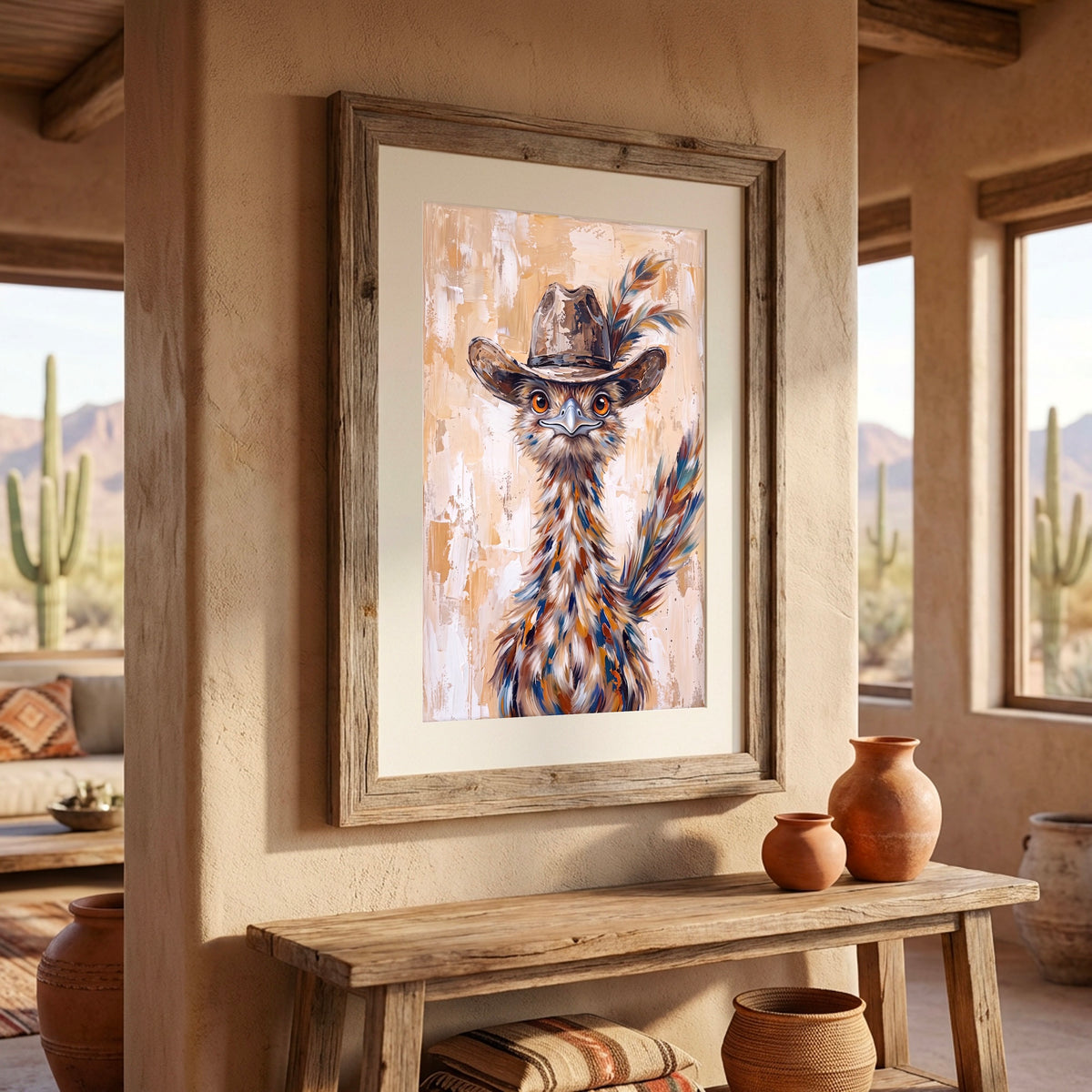 Whimsical Western Roadrunner in Cowboy Hat: Old West Desert Art Print