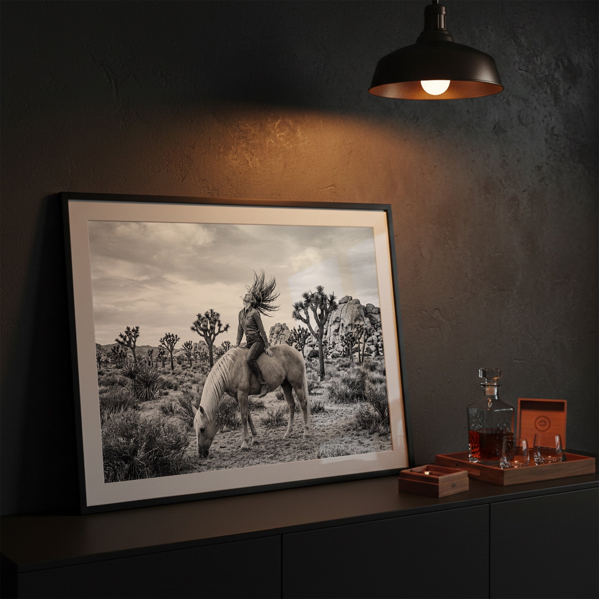 Wild & Free Cowgirl in Joshua Tree: Western Woman on Horseback - Black & White Desert Photo Art Print