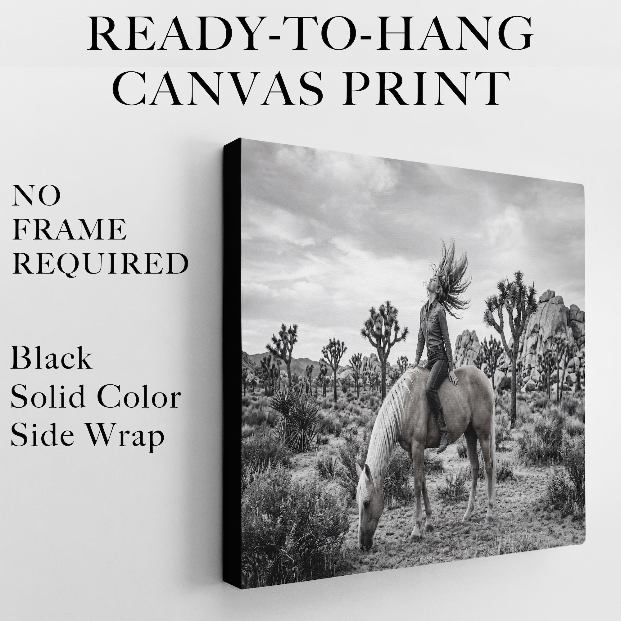 Wild & Free Cowgirl in Joshua Tree: Western Woman on Horseback - Black & White Desert Photo Art Print