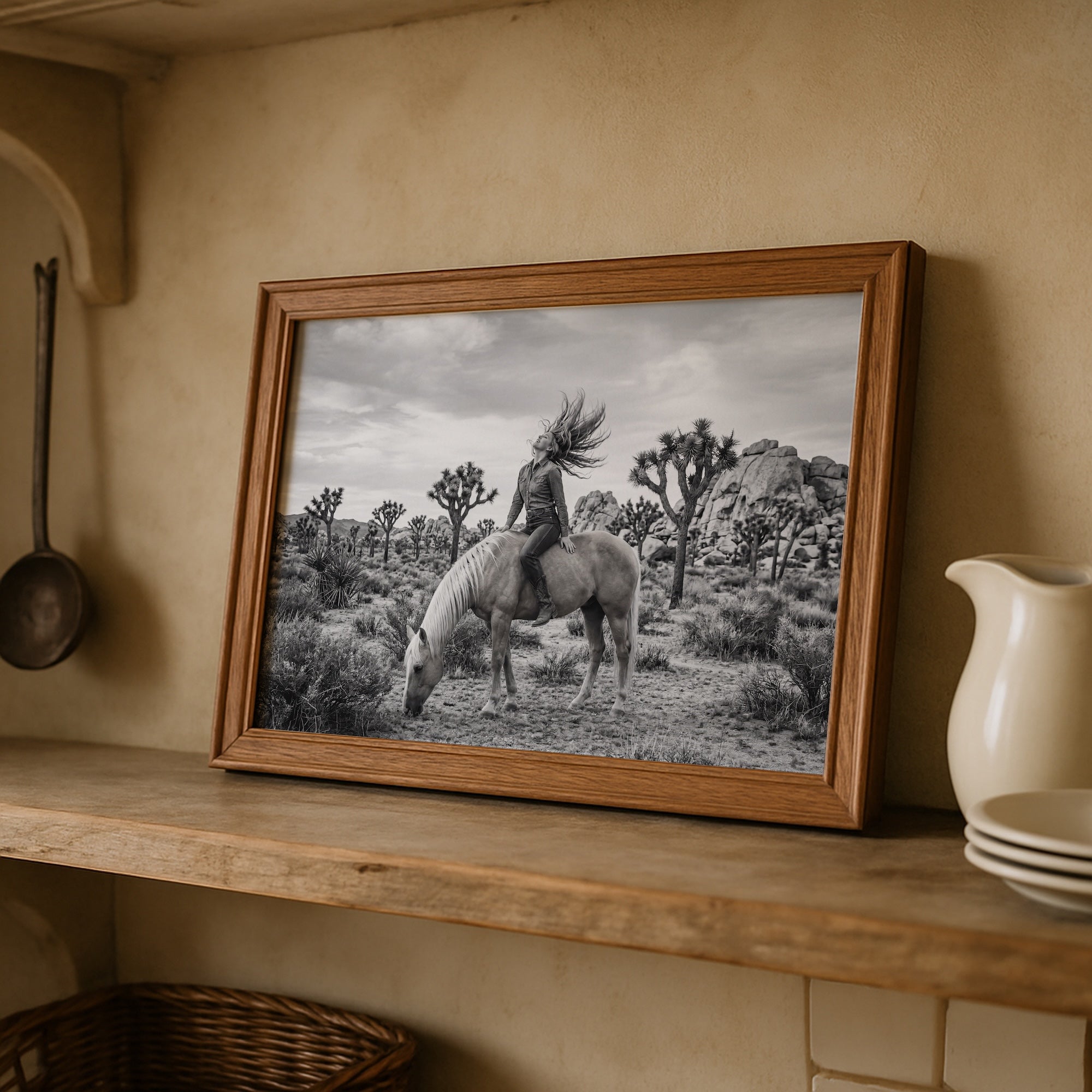 Wild & Free Cowgirl in Joshua Tree: Western Woman on Horseback - Black & White Desert Photo Art Print
