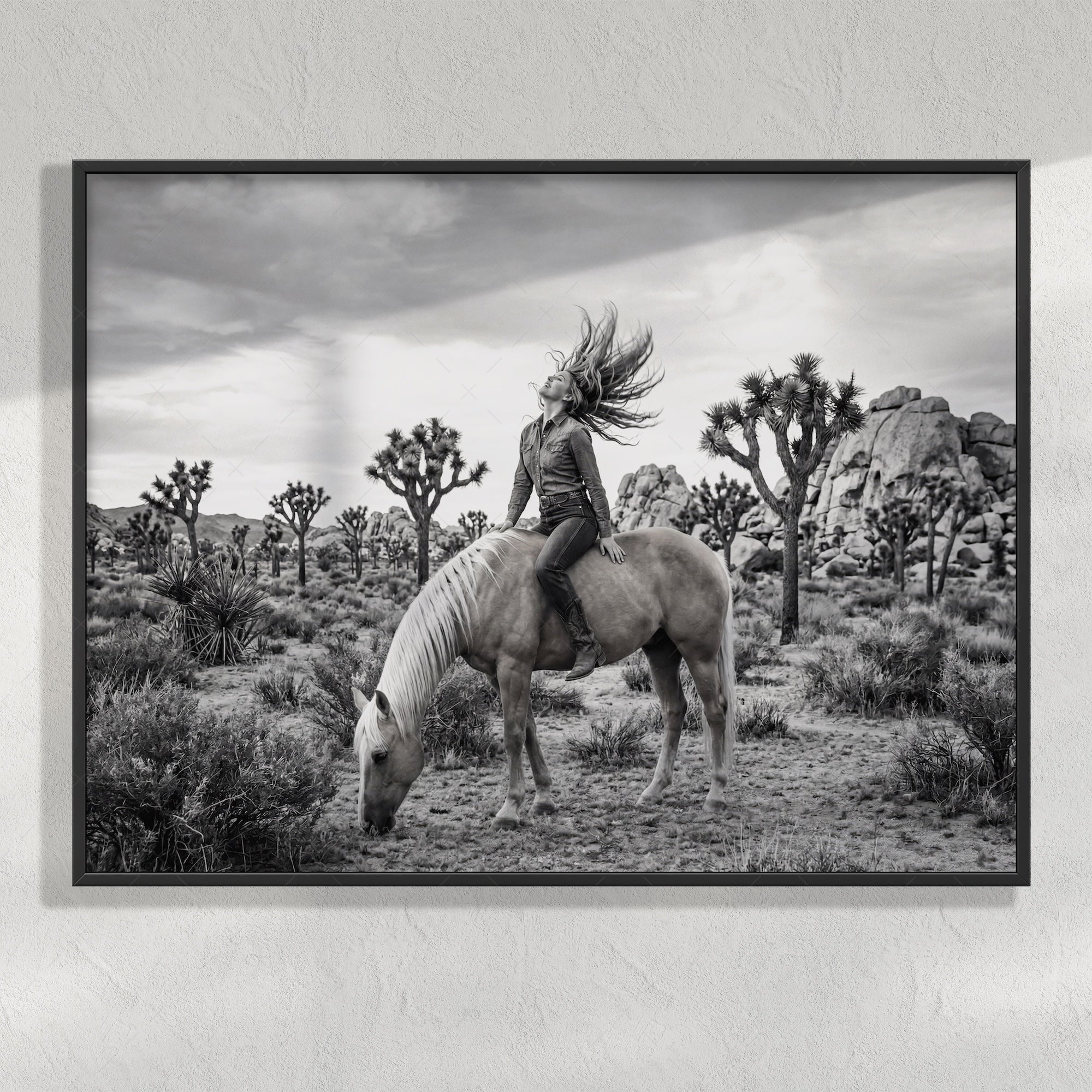 Wild & Free Cowgirl in Joshua Tree: Western Woman on Horseback - Black & White Desert Photo Art Print