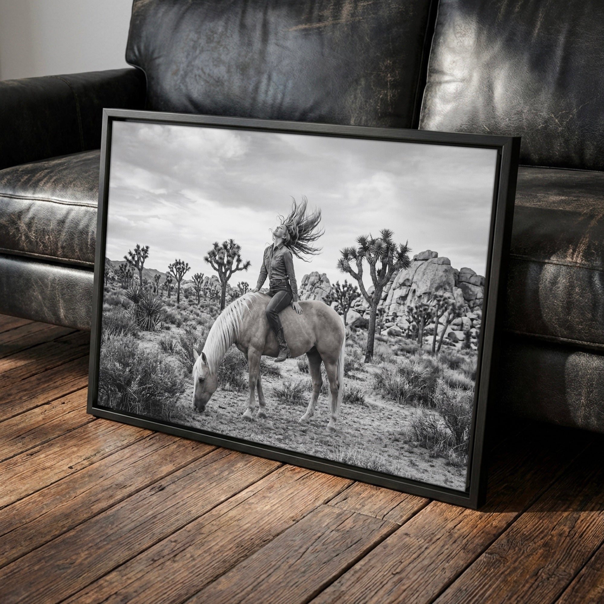 Wild & Free Cowgirl in Joshua Tree: Western Woman on Horseback - Black & White Desert Photo Art Print
