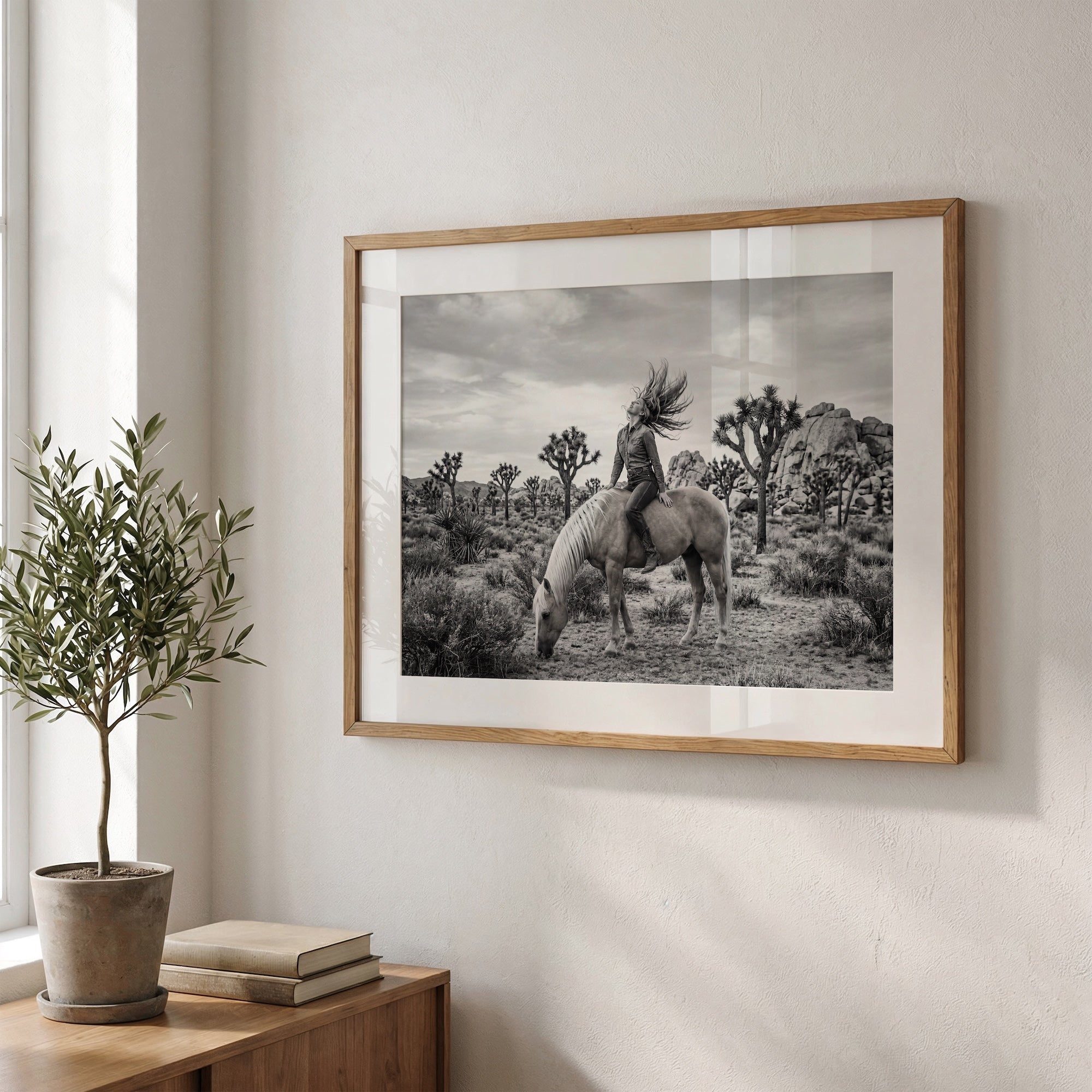 Wild & Free Cowgirl in Joshua Tree: Western Woman on Horseback - Black & White Desert Photo Art Print