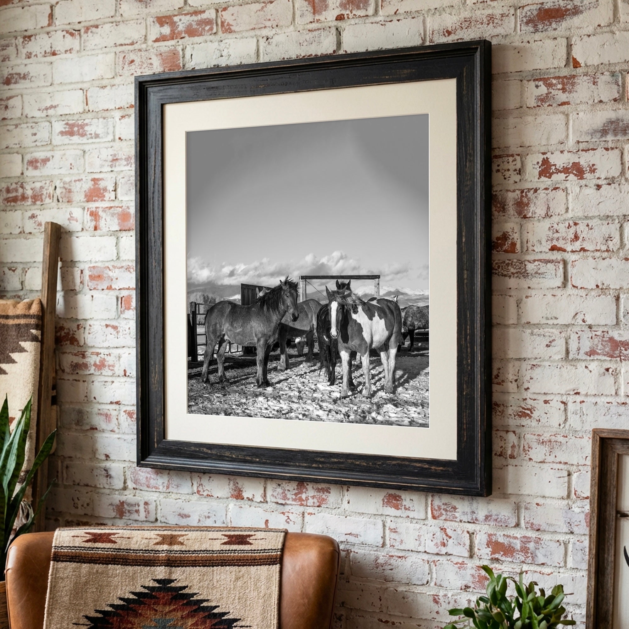 Winter Corral Horses: Western Black & White Photo (Art Print)