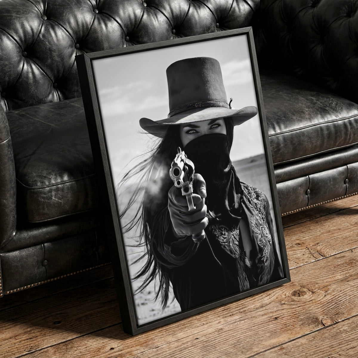 Six Shooter Cowgirl: Black & White Western Photo Art Print