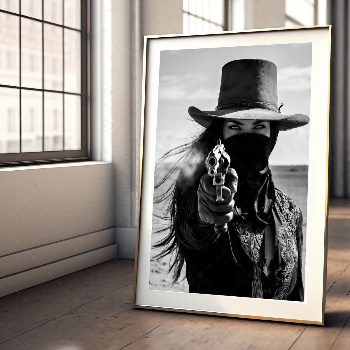 Six Shooter Cowgirl: Black & White Western Photo Art Print