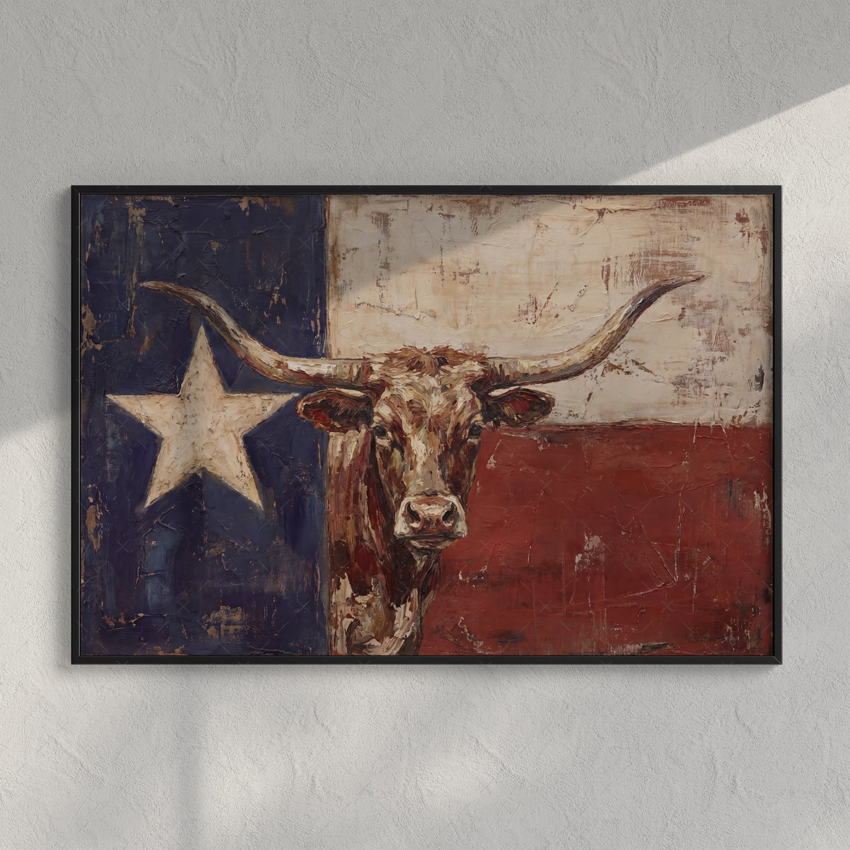 Rustic Texas Flag with Longhorn: Vintage Old West Lone Star State Art Print