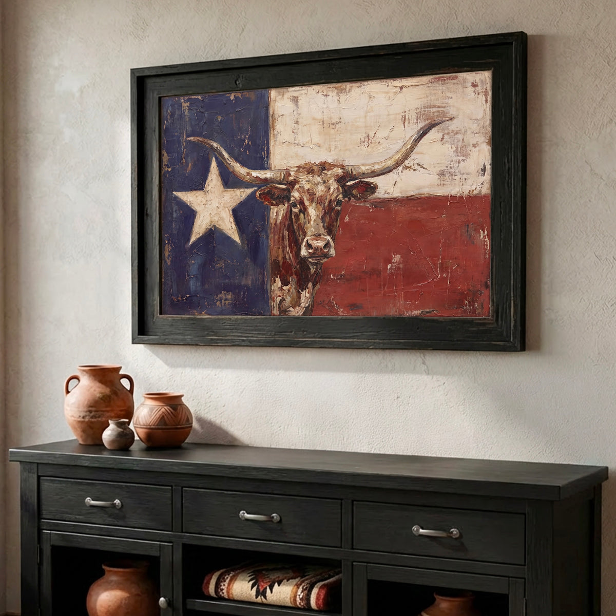 Rustic Texas Flag with Longhorn: Vintage Old West Lone Star State Art Print